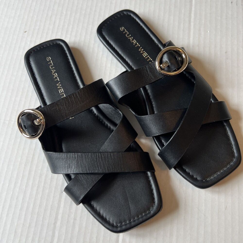 Stuart Weitzman R6 L5 Strap Leather Flat Sandals Black